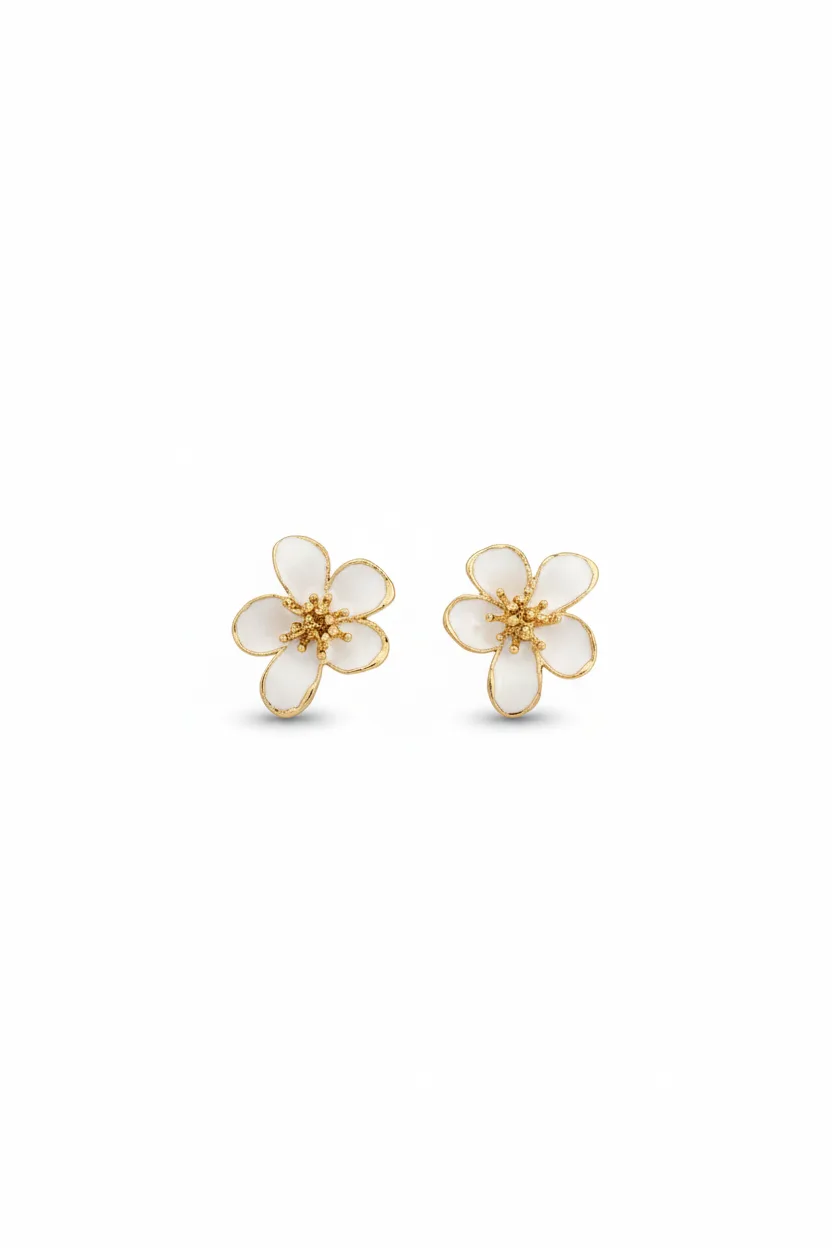 White Flower Stud Earrings with Gold Detailing - Image 2