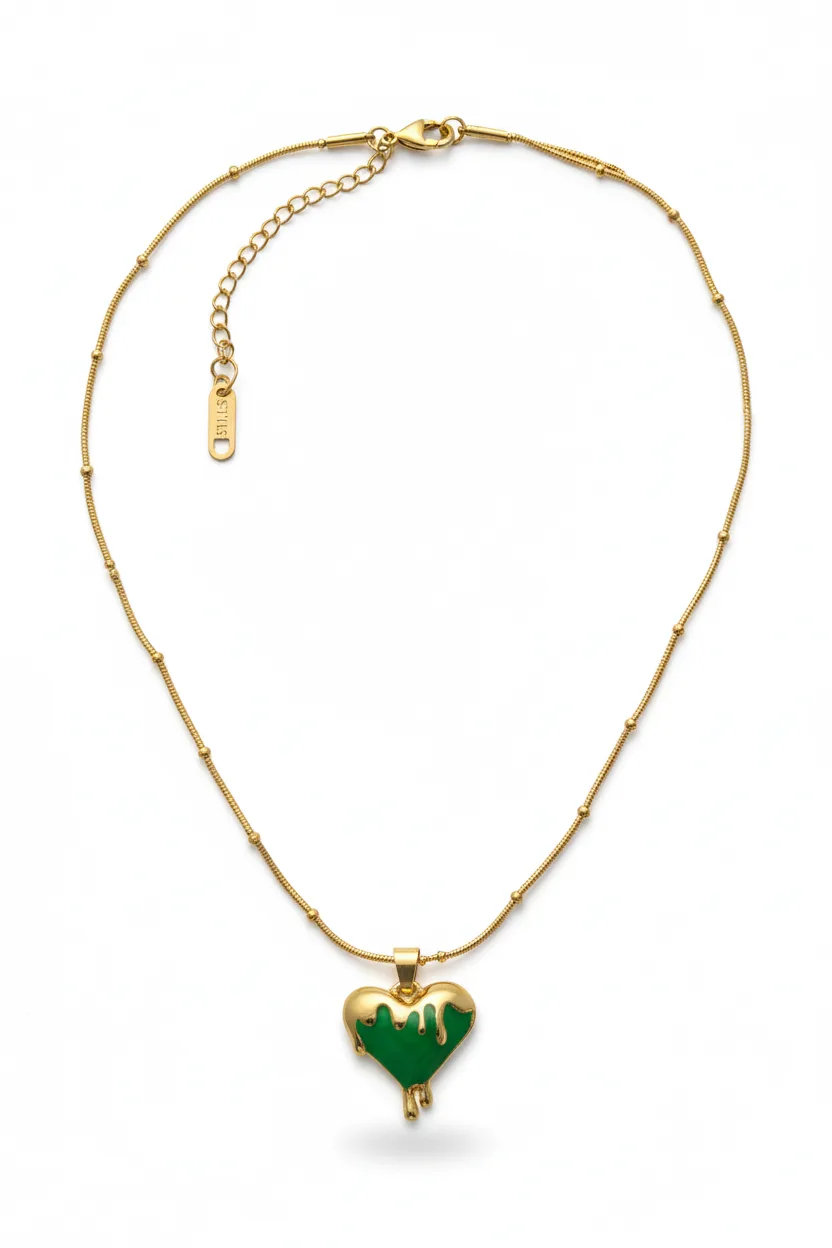 Green Drip Heart Pendant Necklace – 18K Gold Plated (Anti-Tarnish) - Image 3