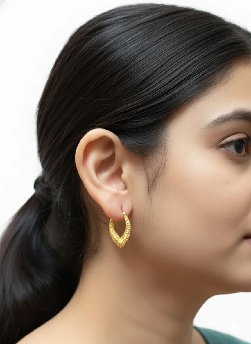 Textured Gold V-Shaped Hoop Earrings for Women
