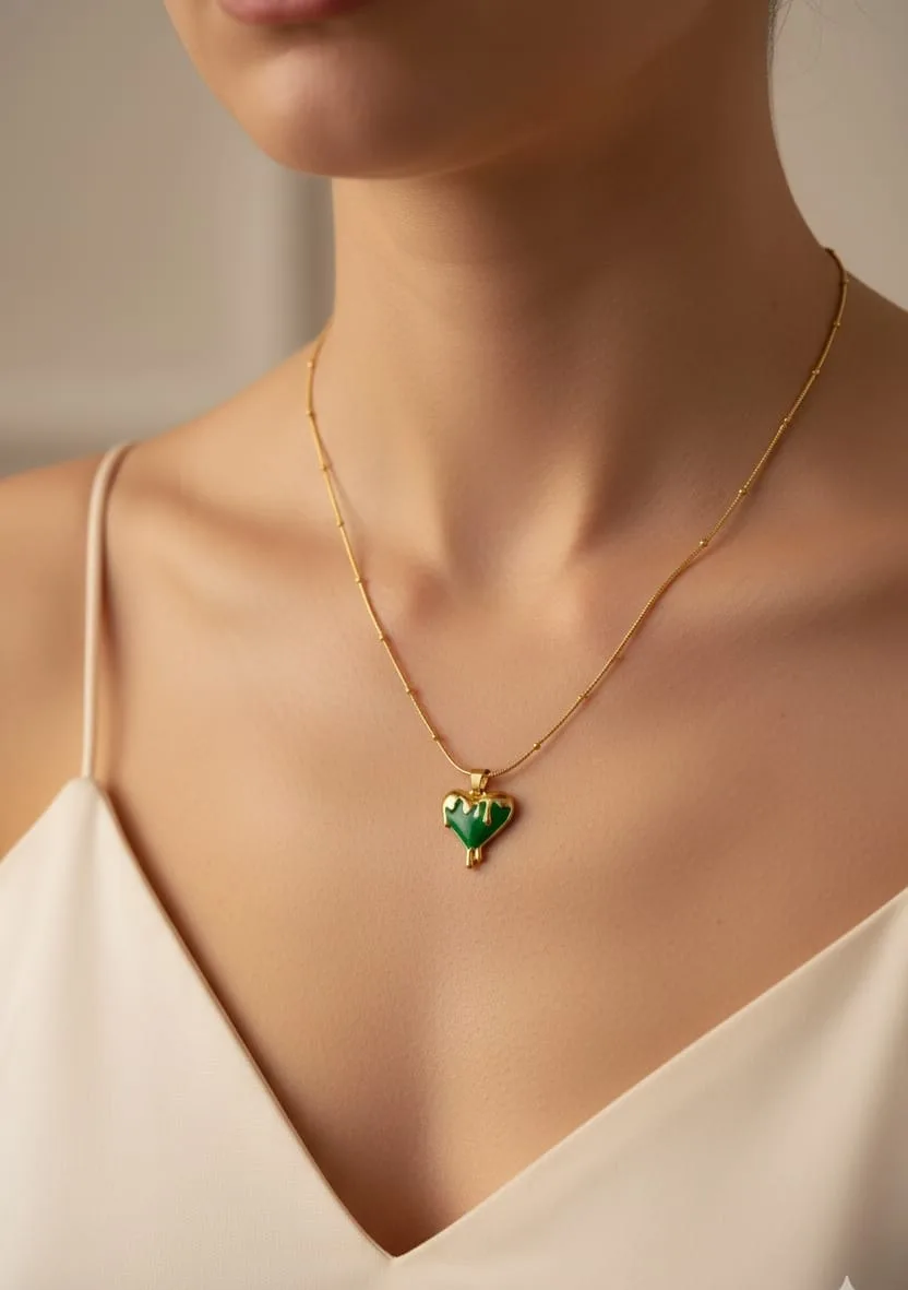 Green Drip Heart Pendant Necklace – 18K Gold Plated (Anti-Tarnish)