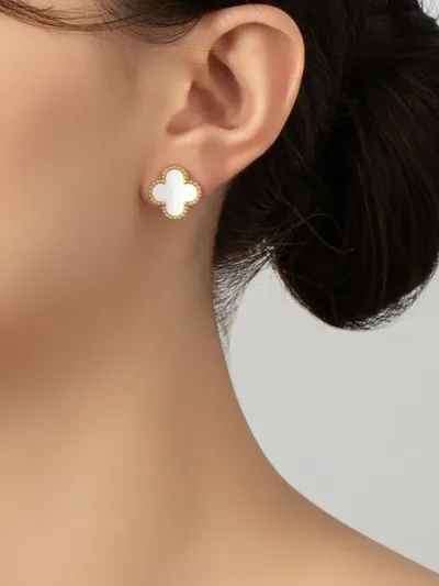 White Clover Stud Earrings in Gold Finish