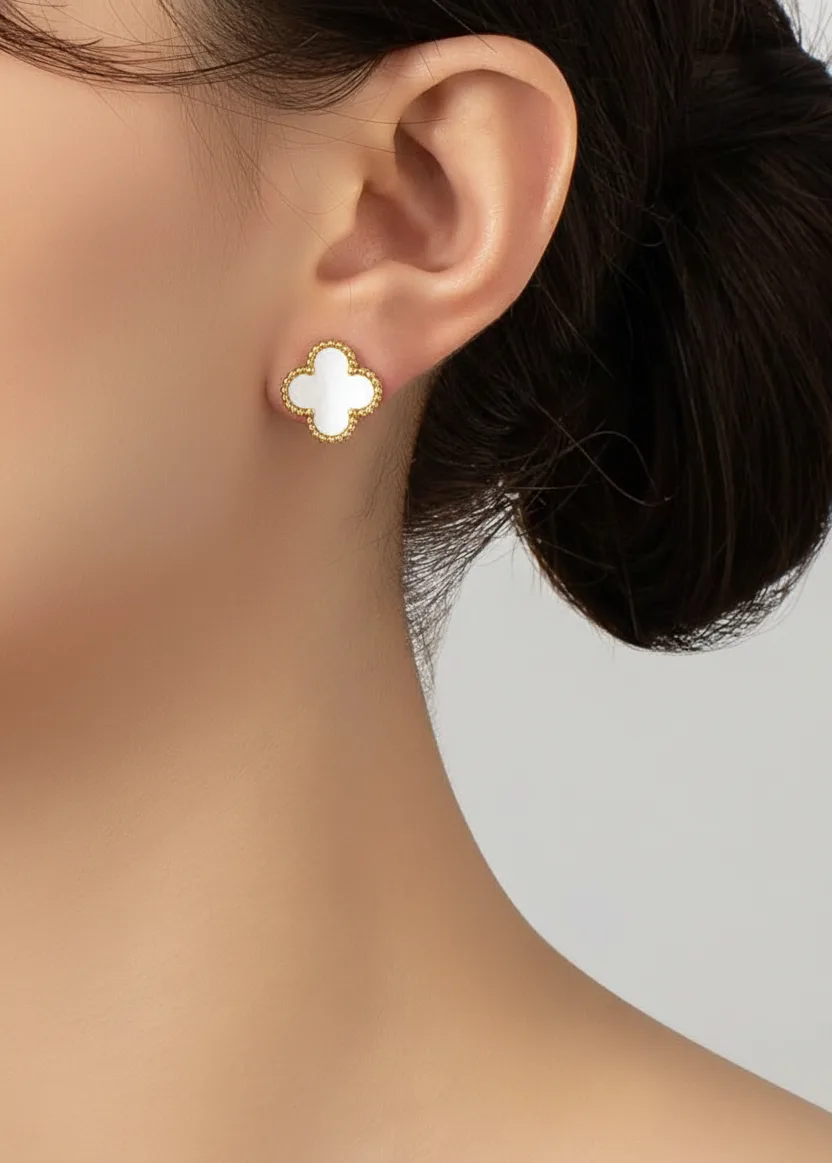 White Clover Stud Earrings in Gold Finish