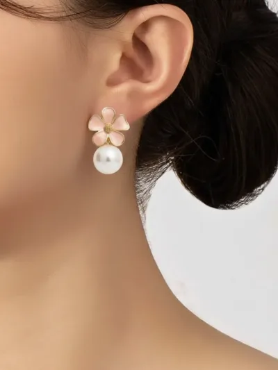 Pink Flower Pearl Drop Earrings for Women