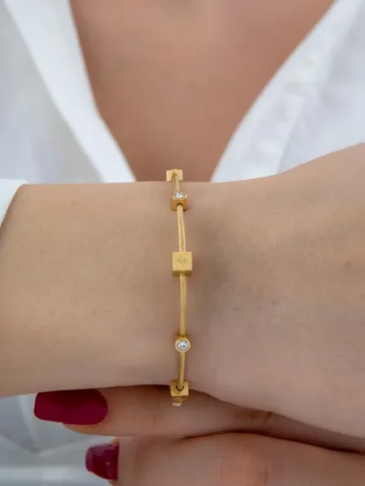 Luxury Gold-Plated Cable Wire Bracelet with Cube Charms & Crystals for Women