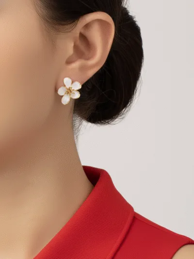 White Flower Stud Earrings with Gold Detailing