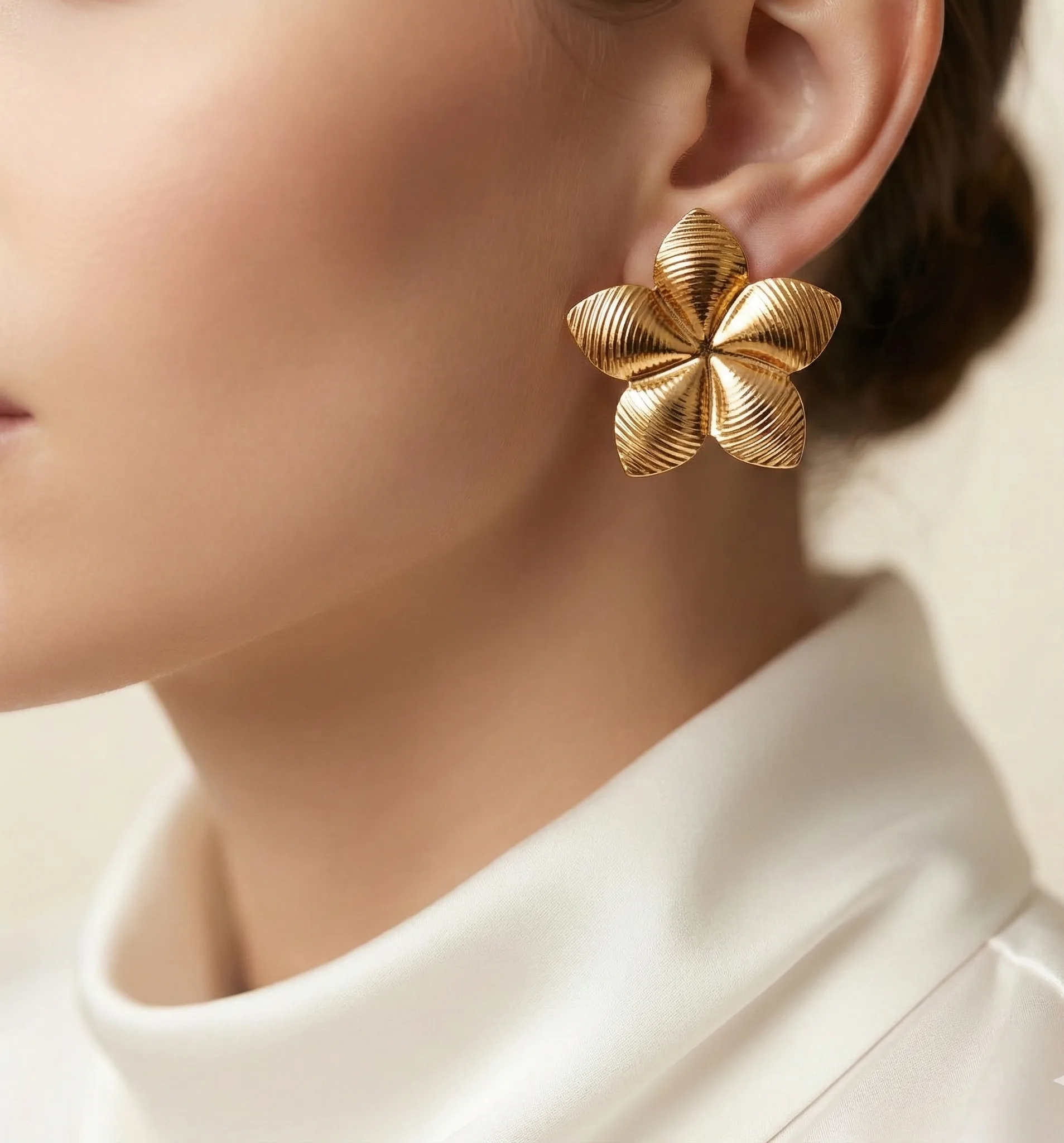18K Gold Plated Floral Textured Stud Earrings