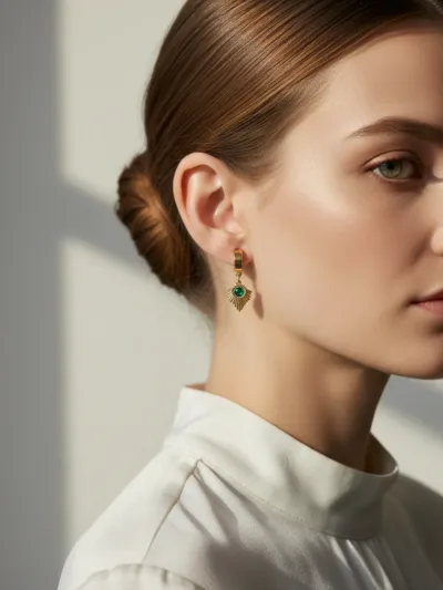 3-in-1 Gold Plated Earring Set (Studs, Hearts & Green Charm Hoops)