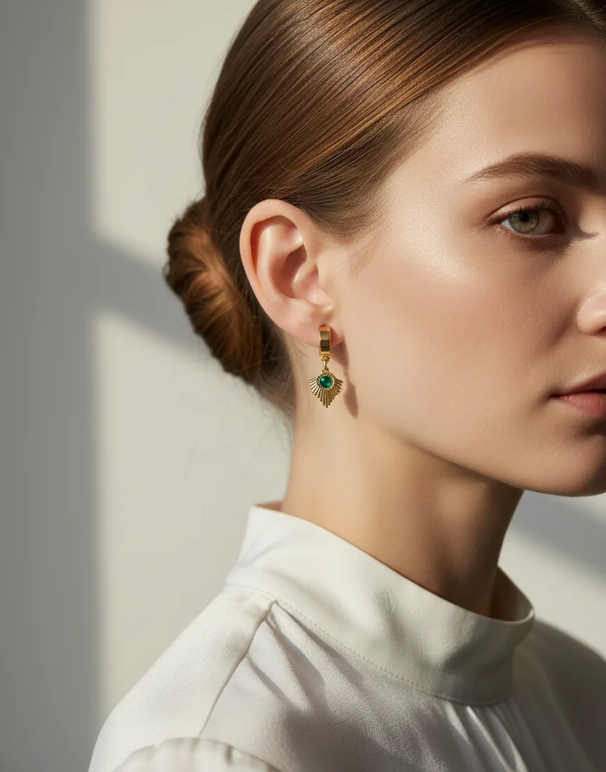 3-in-1 Gold Plated Earring Set (Studs, Hearts & Green Charm Hoops)