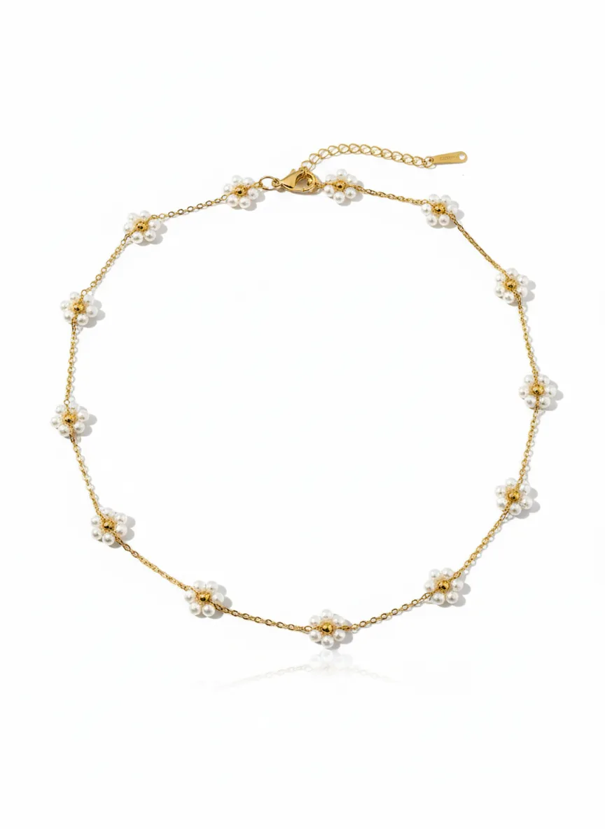 18K Gold Plated Pearl Flower Necklace - Image 3