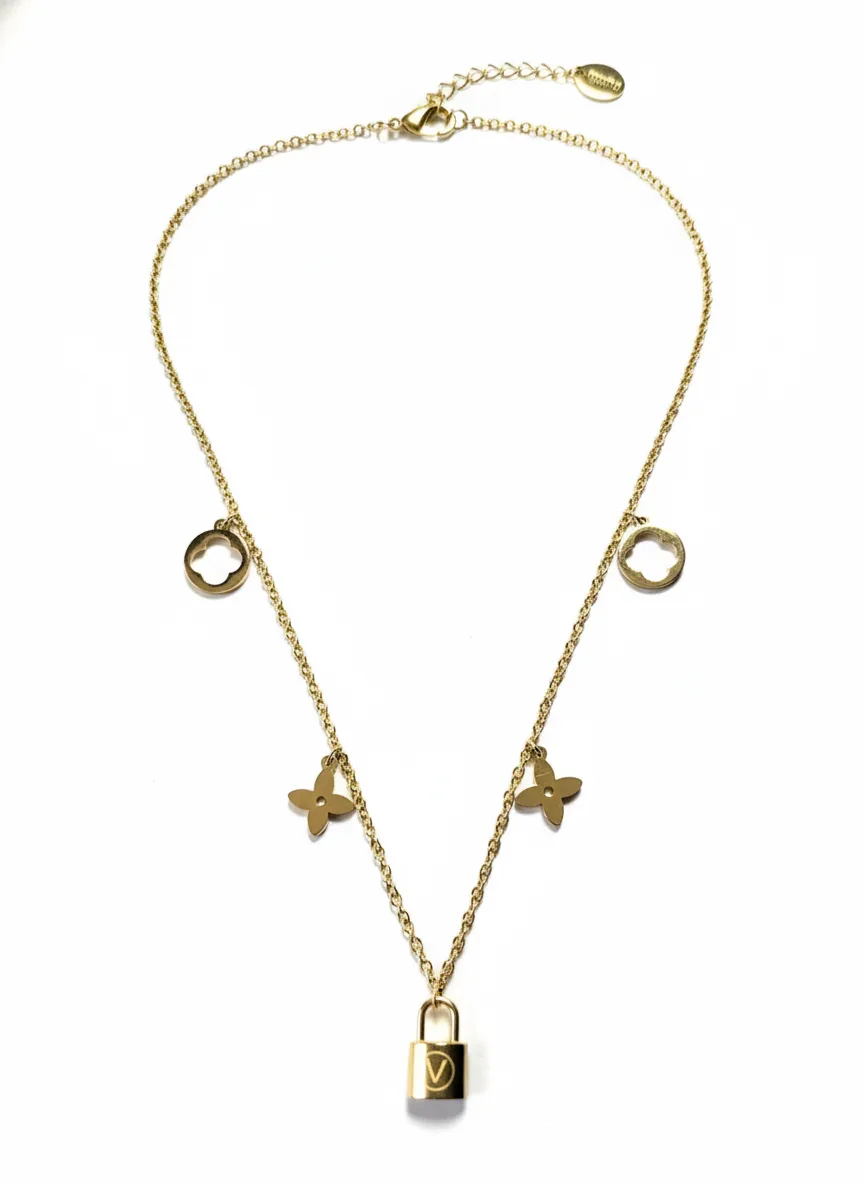 18K Gold Plated Lock & Clover Charm Necklace - Image 2