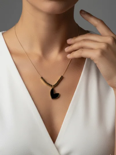 18K Gold Plated Black Heart Necklace