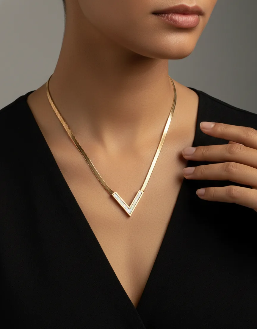 18K Gold Plated V-Shape Pendant Necklace - Image 3
