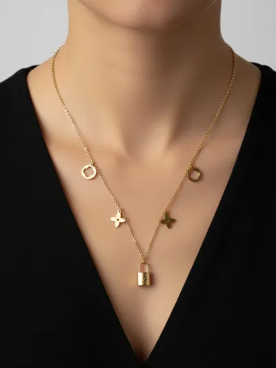18K Gold Plated Lock & Clover Charm Necklace