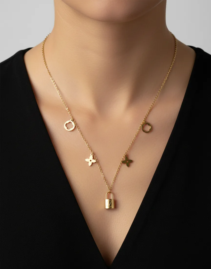 18K Gold Plated Lock & Clover Charm Necklace